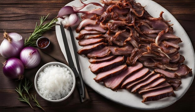 Photo a plate of food with a knife and a bowl of rice and a knife