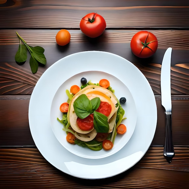 A plate of food with a knife and fork on a wooden table.