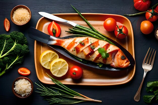 A plate of food with a knife and a knife on it