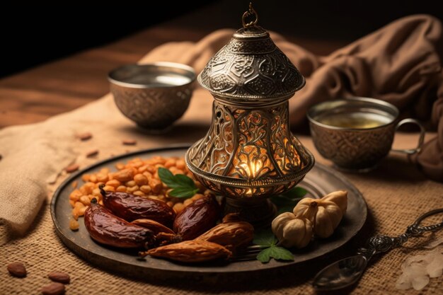 A plate of food with a lantern and beans on it