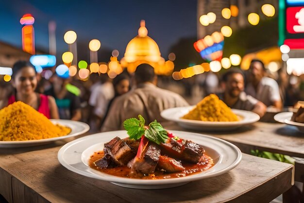 A plate of food with a large gold dome in the background