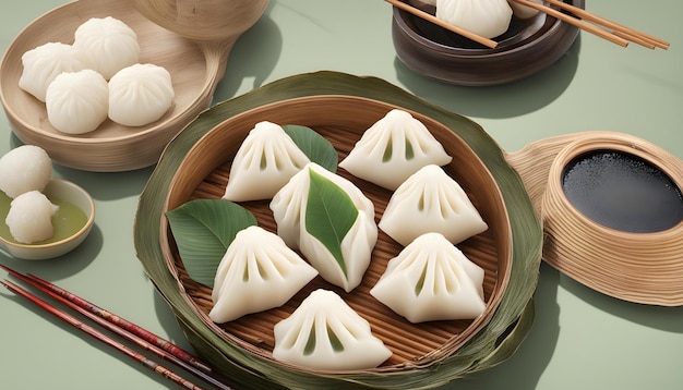 a plate of food with a leaf on it and a green leaf on the side