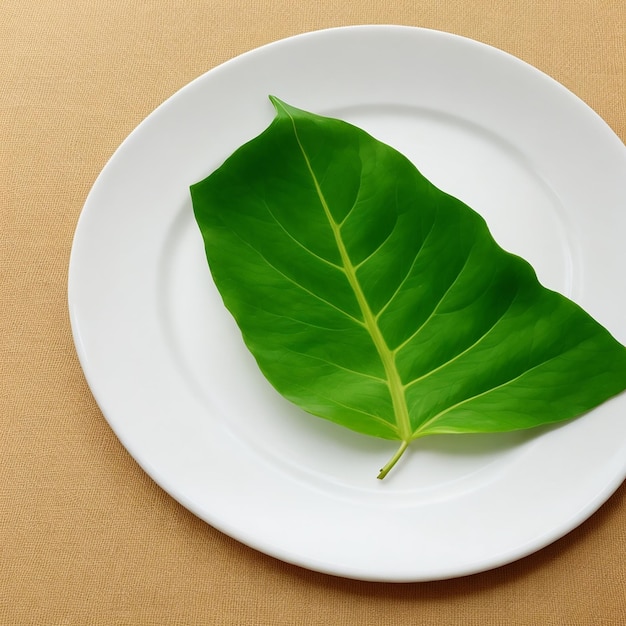 A plate of food with a leaf on it