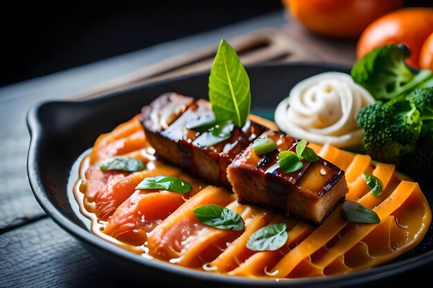 a plate of food with a leaf on it