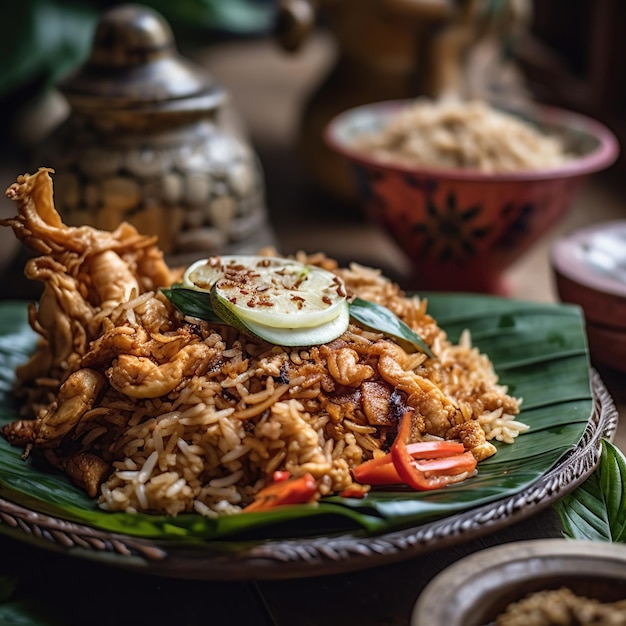 A plate of food with a leaf on it