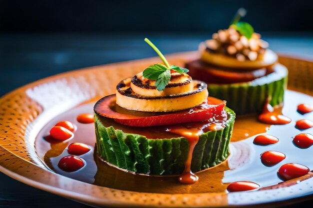 A plate of food with a leaf on it