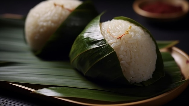 A plate of food with a leaf shaped like a banana