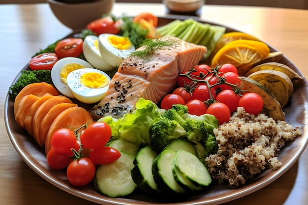 Plate of food with lean proteins whole grains colorful vegetables and healthy fats