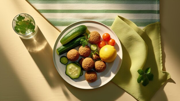 A plate of food with a lemon and cucumber