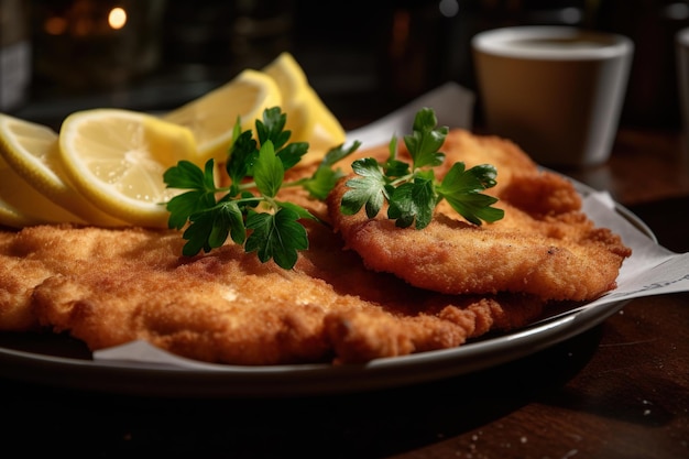 A plate of food with a lemon wedge on it