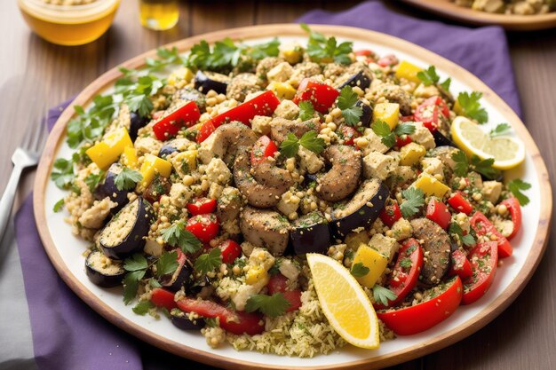 A plate of food with a lemon wedge on the side