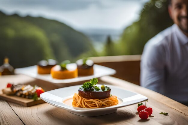 Foto un piatto di cibo con un uomo seduto a un tavolo con un uomo sullo sfondo.