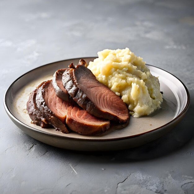 a plate of food with mashed potatoes and mashed potatoes on it