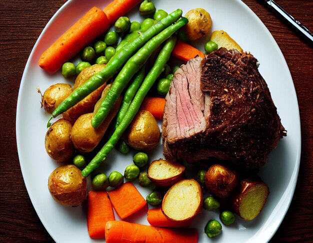 Photo a plate of food with meat asparagus and carrots