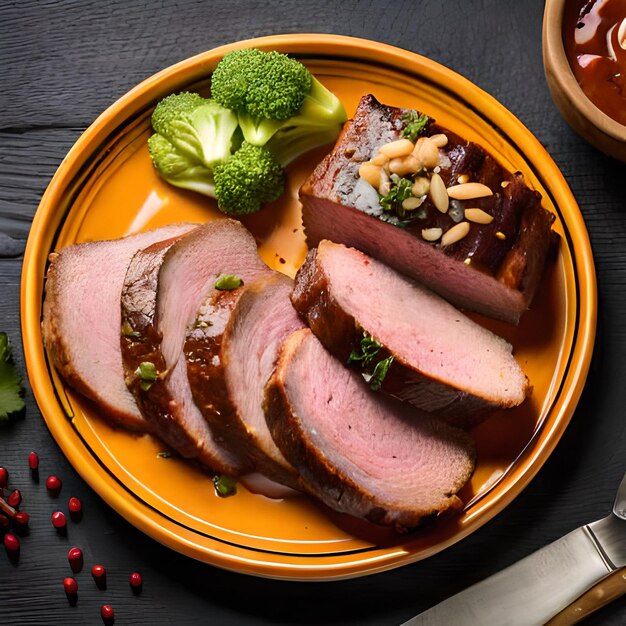 A plate of food with meat and broccoli on it