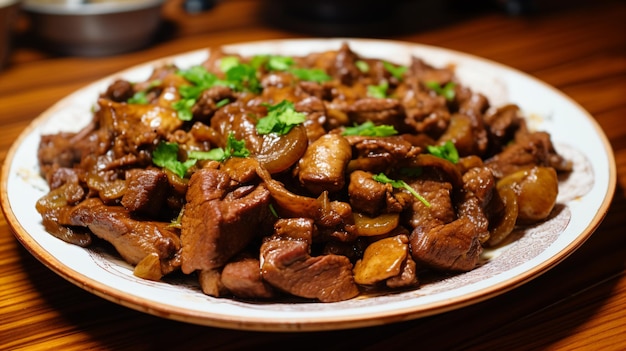 a plate of food with meat and mushrooms