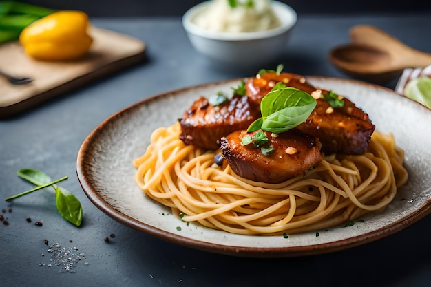 肉と麺が乗った食べ物の皿