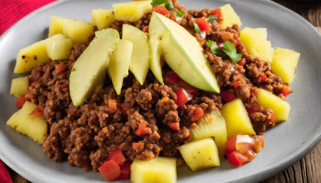 A plate of food with meat and pineapple