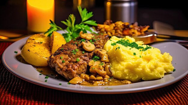 A plate of food with meat potatoes and mashed potatoes