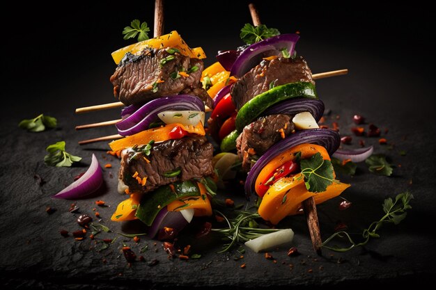 Photo a plate of food with meat skewers and vegetables