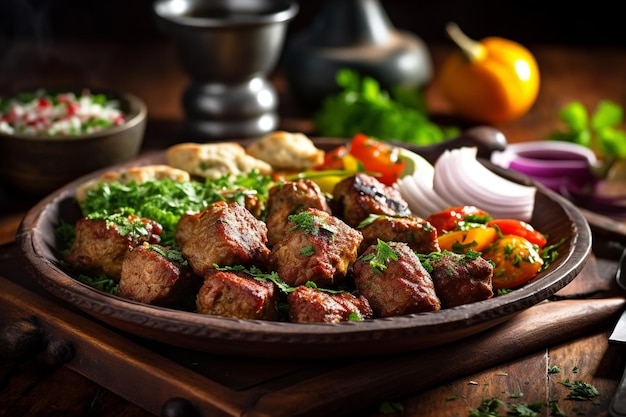 A plate of food with meat and vegetables on it