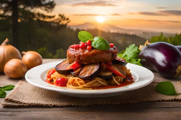 A plate of food with meat and vegetables on it