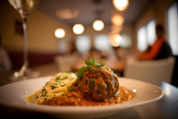 A plate of food with a meatball on it