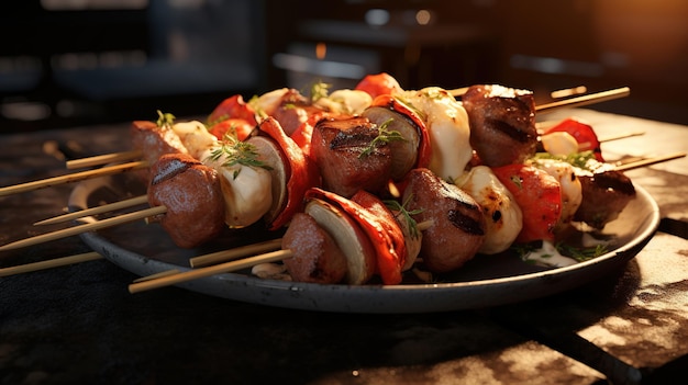 A plate of food with meatballs and ham on it