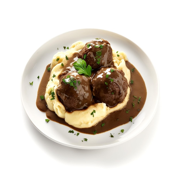 A plate of food with meatballs and mashed potatoes on it