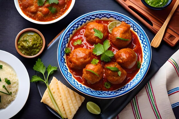 A plate of food with meatballs and a menu on it