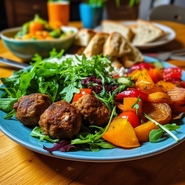 A plate of food with meatballs and vegetables on it