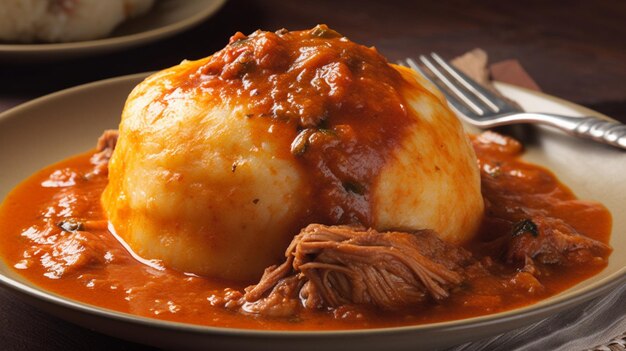 A plate of food with a mound of mashed potatoes and a fork on the side