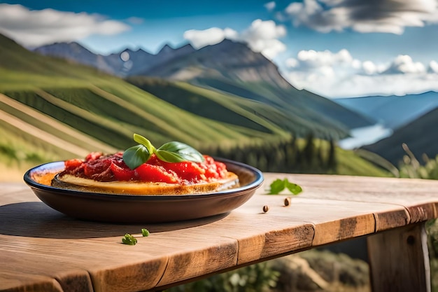 Photo a plate of food with a mountain in the background.