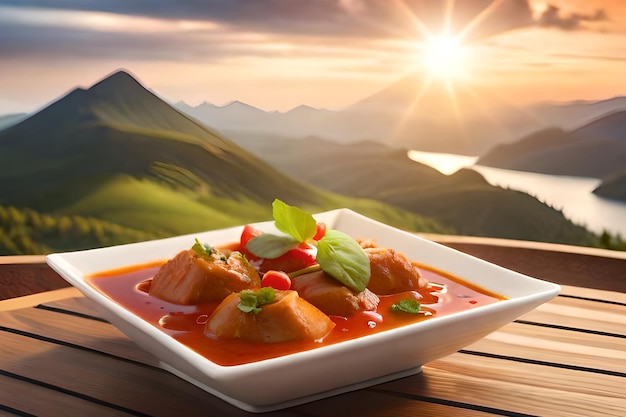 A plate of food with a mountain in the background