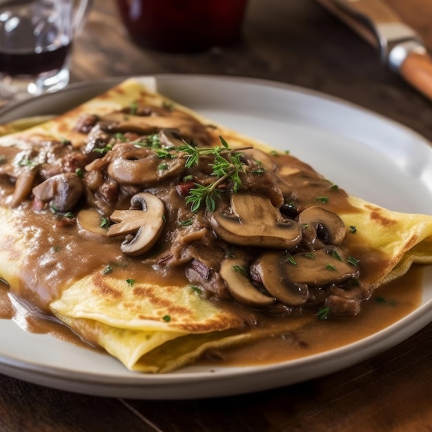 A plate of food with mushrooms and gravy on it