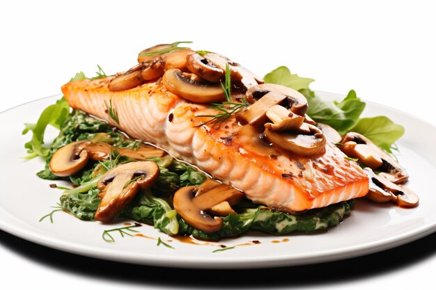 Photo a plate of food with mushrooms and salmon