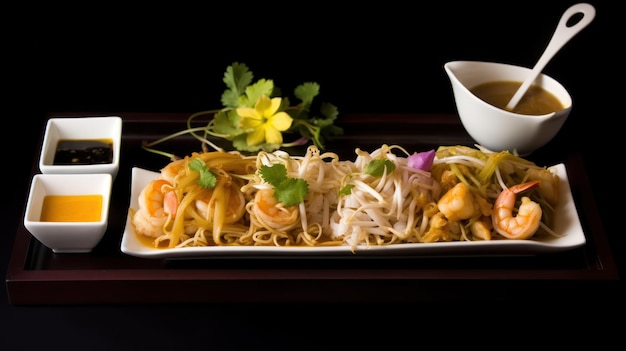 A plate of food with noodles and a bowl of sauce.