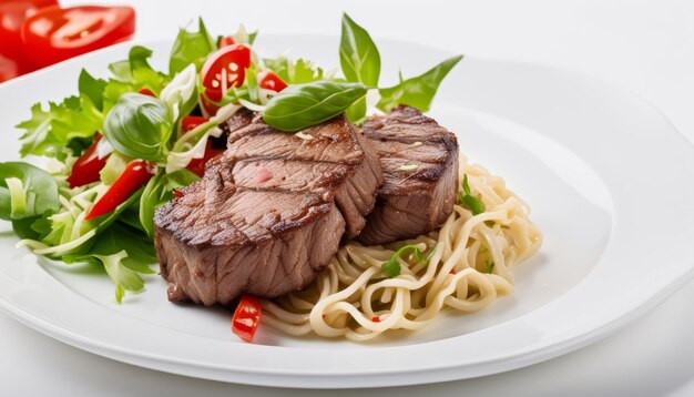 Foto un piatto di cibo con tagliatelle, carne e verdure