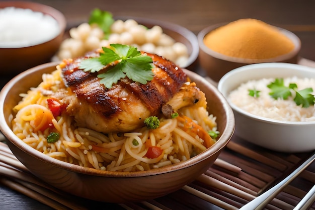 A plate of food with noodles and rice and a bowl of rice