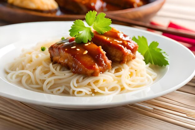 a plate of food with noodles and vegetables on it