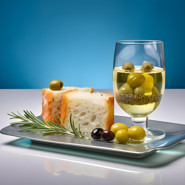 A plate of food with olives and a glass of wine