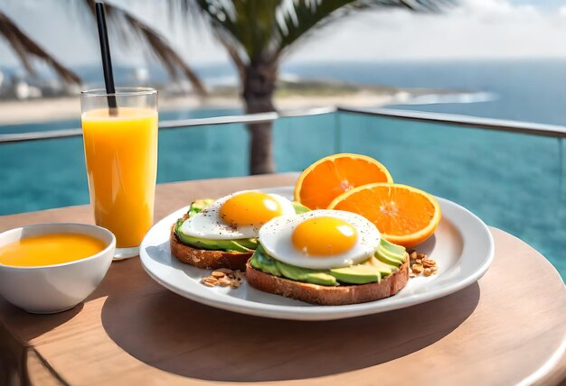 a plate of food with an orange and an egg on it