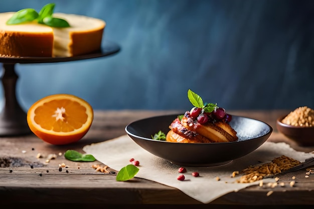 Photo a plate of food with orange slices and a letter s on the table