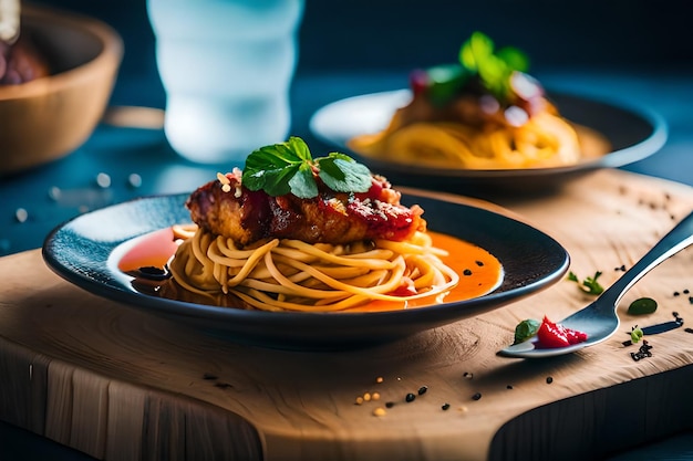 Photo a plate of food with pasta and a plate of food on it