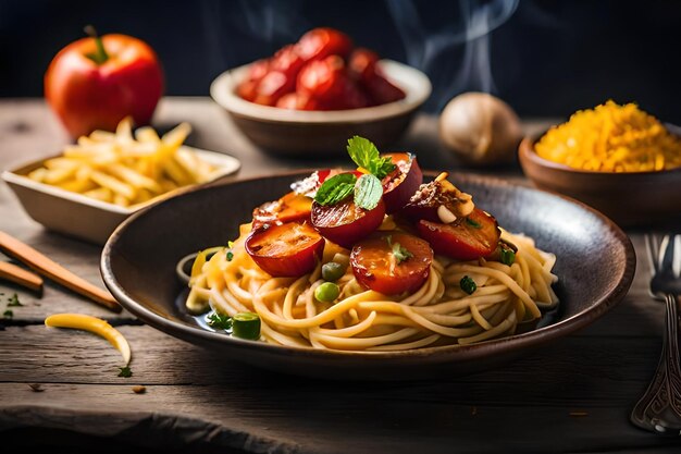 Un piatto di cibo con pasta e verdure