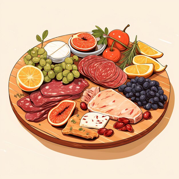 Foto un piatto di cibo con un'immagine di frutta e verdura
