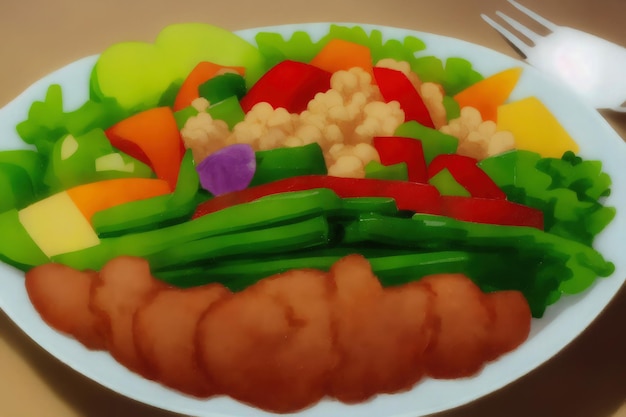 A plate of food with a picture of a vegetable and a fork.