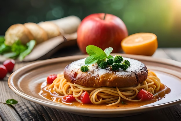 パンが乗った食べ物の皿と、レモンが乗ったパン。