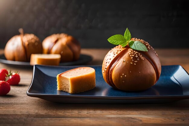 A plate of food with a piece of bread and a piece of cake on it