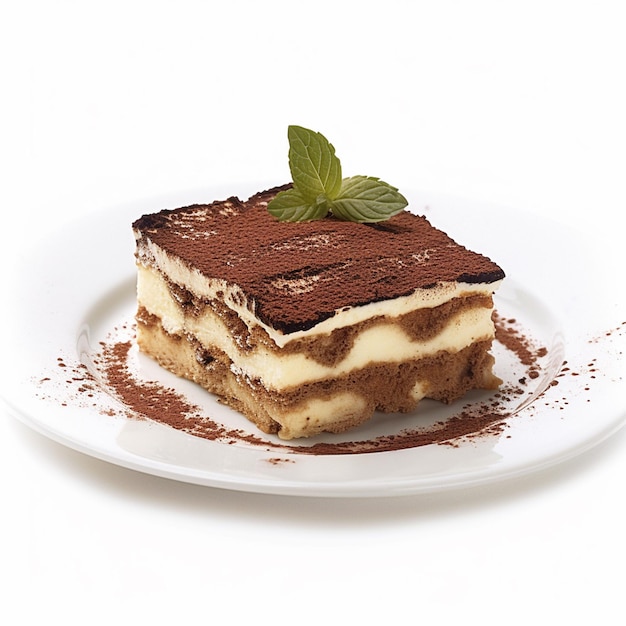 A plate of food with a piece of cake on it and a mint leaf on the side.